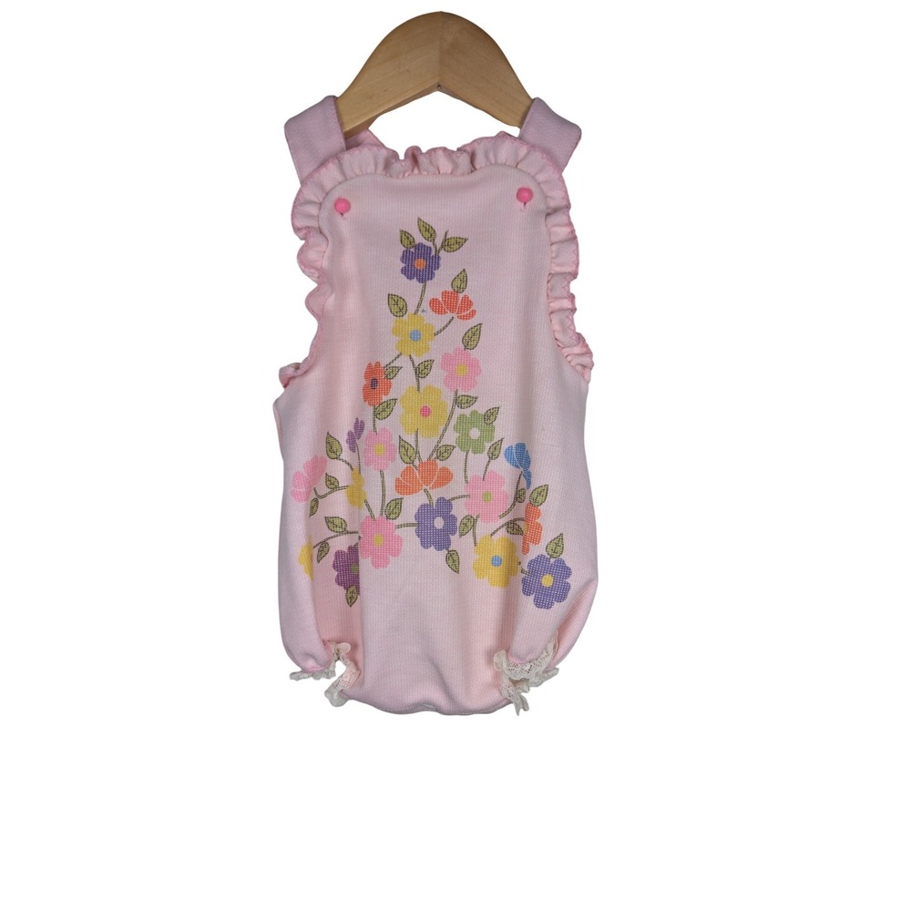 Vintage Carters Pink Knit Floral Romper 18 Months Lace Ruffle‎ Sunsuit Bubble